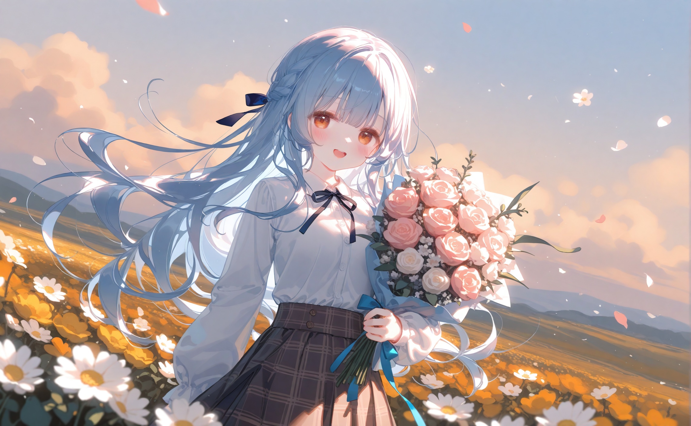 masterpiece,very aware,highres,absurdres,newest,best quality,loli,petite,high quality,chromatic_aberration,cinematic_angle,dutch angle,//,artist:ciloranko,artist:ningen_mame,artist:sho_(sho_lwlw),artist:rhasta,artist:wlop,artist:ke-ta,artist:hiten \(hitenkei\),//best, 1girl, flower, solo, skirt, long hair, shirt, bouquet, holding, blue hair, holding bouquet, ribbon, white shirt, white flower, petals, outdoors, sky, smile, plaid skirt, long sleeves, looking at viewer, flower field, plaid, open mouth, black ribbon, yellow eyes, falling petals, cloud, braid, blue sky, neck ribbon, field, hair ribbon, blue ribbon, brown skirt, collared shirt, virtual youtuber, yellow flower, day, rose, upper teeth only, floating hair, shirt tucked in, teeth, pink flower, puffy sleeves, very long hair, holding flower, :d, blue flower, bow, puffy long sleeves, blue bow, sidelocks, white rose, cowboy shot, blunt bangs, breasts, daisy, blush, dress shirt, cloudy sky, high-waist skirt, pleated skirt, buttons, standing, hair bow, french braid, medium breasts, black bow, crown braid, grey skirt, wind, orange flower, light particles, orange eyes, black skirt, pink rose, upper body, red flower, brown eyes, yellow rose