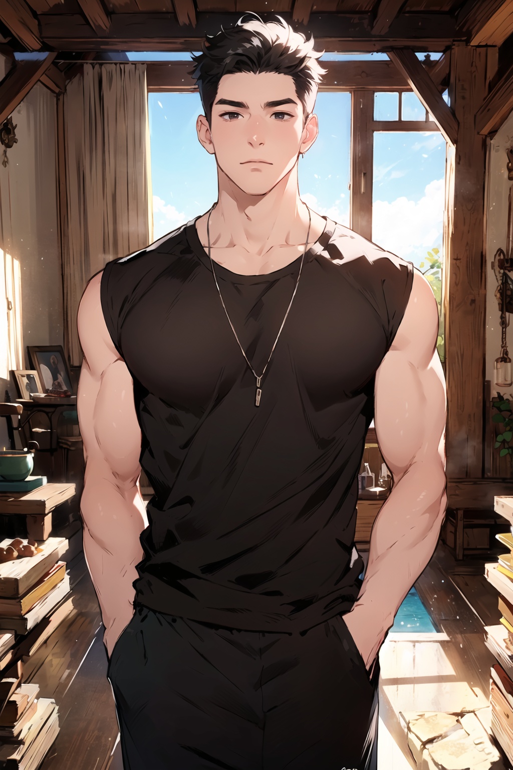 1boy,male focus,solo,shirt,black hair,looking at viewer,black pants,short hair,pants,necklace,hands in pockets,black shirt,indoors,day,sleeveless,window,closed mouth,**** top,sky,contempt,