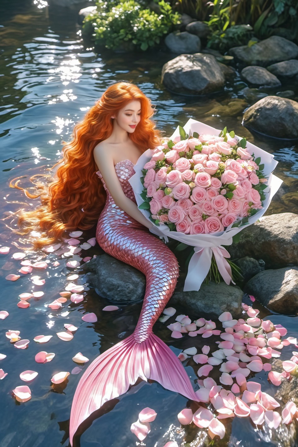 kinghere mryhh,1girl,solo,pink mermaid,long hair,looking at viewer,smile,holding,bare shoulders,sitting,flower,red hair,outdoors,water,orange hair,petals,rose,leaf,wavy hair,pink flower,curly hair,rock,bouquet,holding flower,scales,mermaid,head fins,pink rose,holding bouquet,fins,,<lora:kinghere mryhh xl:0.8>, cinematicstunning contrasts and shadow,introspection,8k,Photography,super detailed,hyper realistic,masterpiece,Depth of field,bright color,Super lightsensation,caustic,