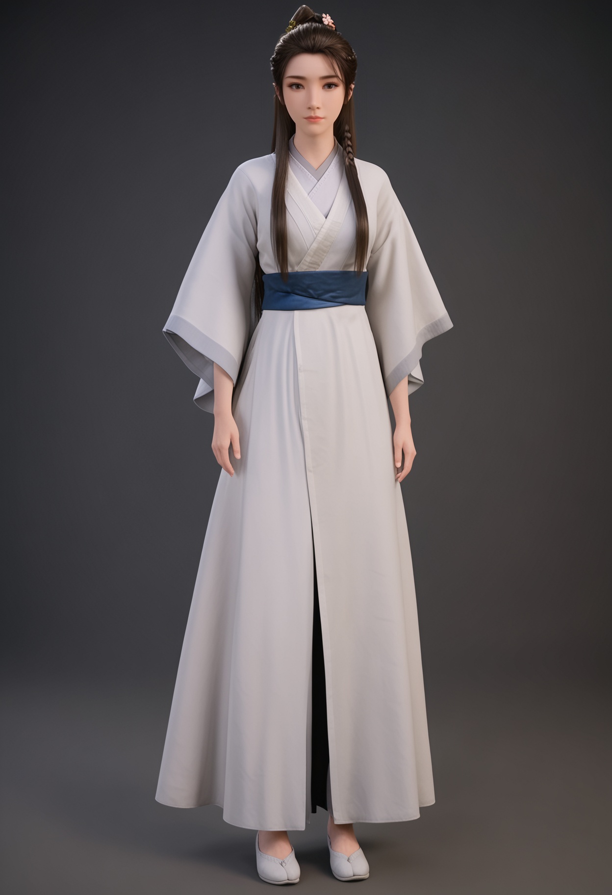 (full_body:1.2),(looking at viewer:1.1),facing viewer,direct gaze,<lora:YQ_pony_xinruyin_V4:0.8>,q1528437228,1girl,solo,long hair,chinese clothes,hanfu,white dress,black hair,brown hair,hair ornament,brown eyes,sash,hair bun,hair flower,black eyes,braid,ponytail,forehead,jewelry,BREAK simple background,pure black background,black background,perfect anatomy,