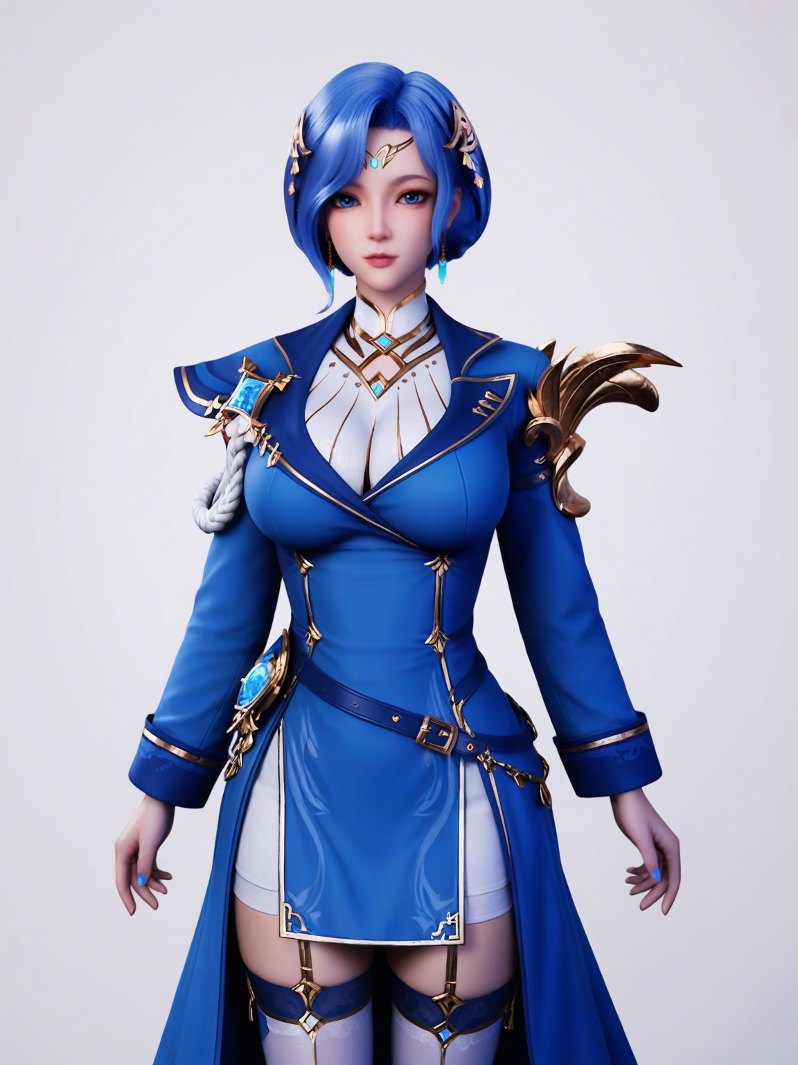score_9,<lora:SF_LanYanYu_Pony_Realism2.3-000003:0.7>,1girl,solo,hair ornament,short hair,large breasts,blue hair,dress,blue jacket,standing,thighhighs,looking at viewer,white background,simple background,