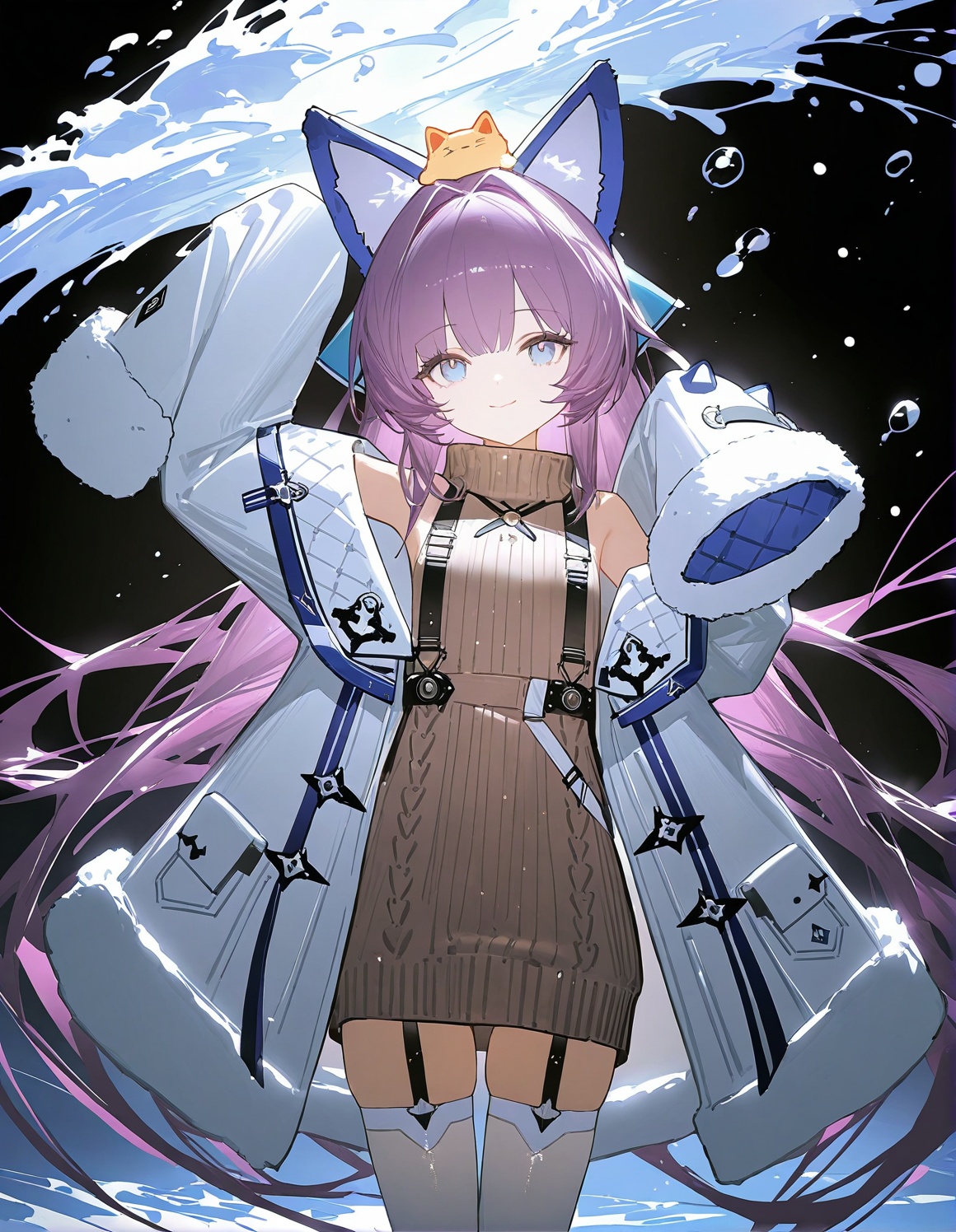1girl,tashkent \(azur lane\),azur lane, reoen,liduke,eboda-x,yuyumu,(ningen mame:0.907),ciloranko,noyu \(noyu23386566\),morikura en, cowboy shot,animal ears,blue eyes,brown sweater,coat,coat dress,fake animal ears,fur-trimmed coat,fur-trimmed sleeves,fur trim,long hair,long sleeves,looking at viewer,purple hair,rigging,sleeves past fingers,sleeves past wrists,solo,sweater,thighhighs,very long hair,very long sleeves,white coat,white thighhighs,winter clothes,zettai ryouiki, very aesthetic,high definition,smile,ponytail,sleeveless sweater,closed mouth,sleeveless,arm up,amazing quality of life \(arknights\), A young girl with long purple hair and blue eyes. she is wearing a white dress with black polka dots and has a pair of cat ears on her head. the girl is standing in front of a dark background with splashes of pink,blue,and green. there are also several other objects scattered around her,including a large robot-like figure on the left side of the image. the overall style of the illustration is anime-inspired., masterpiece,best quality,very aesthetic,highres,absurdres,sensitive,