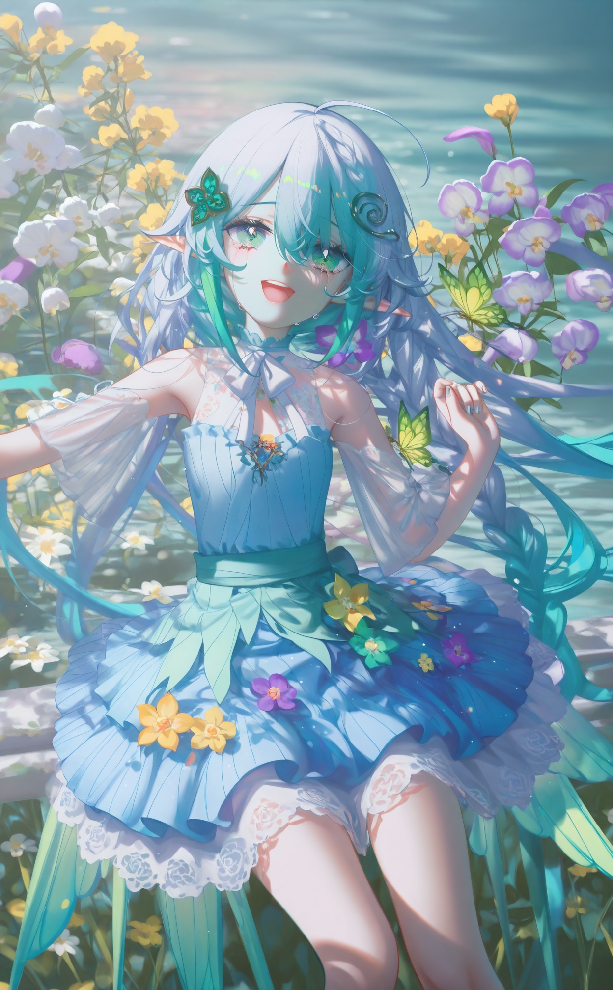 masterpiece,absurdres,best quality,high quality,chromatic_aberration,//,illustration,ultra detailed,hdr,Depth of field,(colorful),loli,[Artist:wlop],[[Artist:sheya]],Artist:ask \(askzy\),1girl,flower,solo,long hair,open mouth,water,dress,tears,yellow flower,crying,blue eyes,multicolored hair,smile,looking at viewer,ahoge,white dress,crying with eyes open,sleeveless,outdoors,aqua hair,hair ornament,blue hair,sleeveless dress,white flower,:d,frillswing sleeves,golden embroidery,green butterfly,braided hair,silver hair,orchid,blue-green dress,lace details,green eyes,hair vine,bow,silver nails,waist sash,bowtie,arm extended,sparkling nail polish,white lace,medium build,hair draping over eyes,spiral hair ornament,white bow,dress with cutouts,layered skirt,very long hair,purple orchid,sleeveless,fairy,:D,//,//,<lora:konya_karasue——【CKXL】hans:1>,