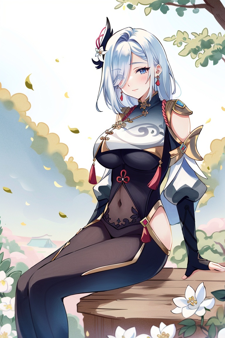 ((HRD, HUD, 8K)),((masterpiece, best quality)), highly detailed, soft light,ShenHe, 1girl, shenhe (genshin impact), bird, hair over one eye, breast curtain, long hair, breasts, smile, covered navel, sitting, solo, hip vent, white hair, tree, shoulder cutout, outdoors, partially fingerless gloves, gloves, bodysuit, flower, hair ornament, blue eyes, bangs, looking at viewer, clothing cutout, large breasts, closed mouth, braid, black gloves, tassel, white flower, branch, blush, braided ponytail, bridal gauntlets, sky, black bodysuit, gold trim, leaf, day,  <lora:20240630-1719732786968:0.75>