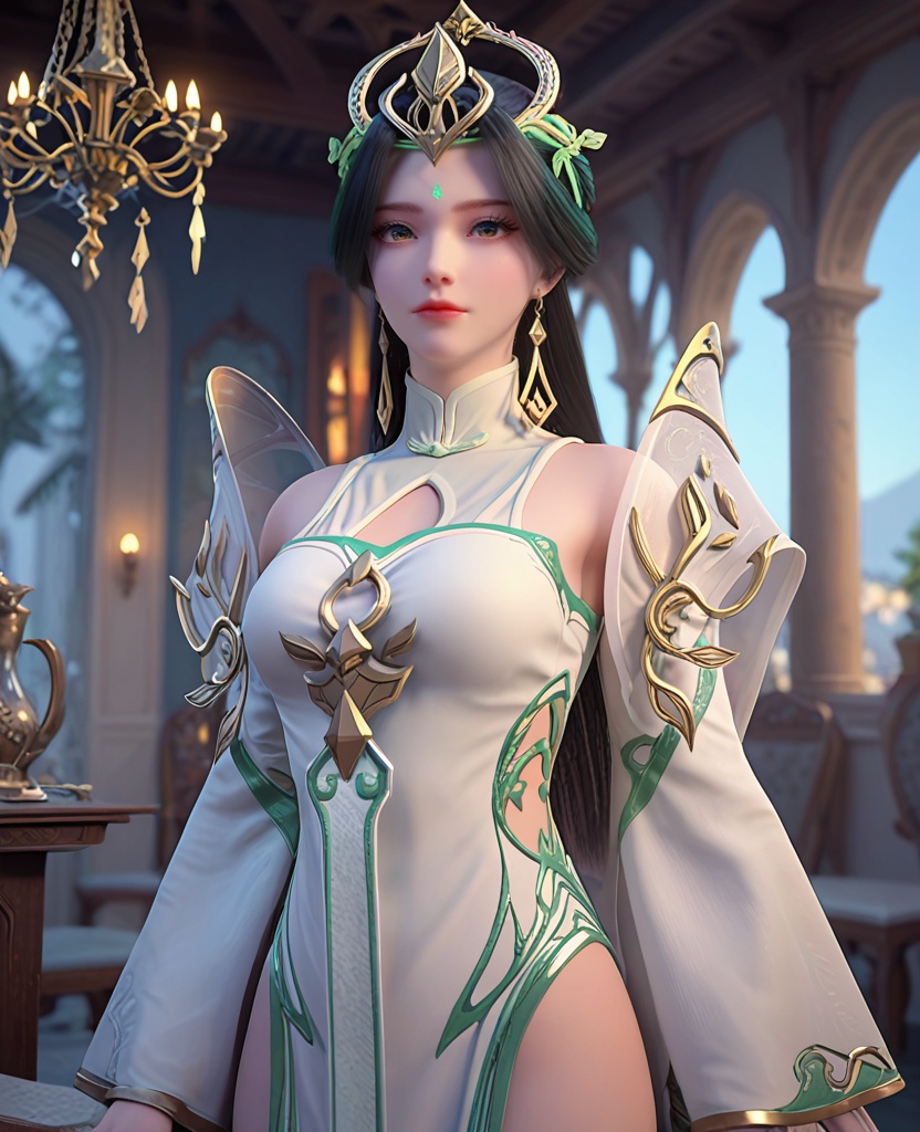 (oriental architecture, elegant decor, sophisticated style:1.1),looking over her shoulder,(breasts:1.2),<lora:XL完美世界柳神:0.9>,miss liushen,solo,white dress,shawl,black hair,long hair,bangs,hair ornament,blackish green eyes,forehead mark,black hair highlights green hair,clothing cutout,waist cutout,earrings,wide sleeves,, zPDXL2, score_9, score_8_up, score_7_up BREAK realistic, masterpiece,best quality, highly detailed,, zPDXL3, zPDXL2,zPDXL, zPDXLxxx, zPDXLrl,