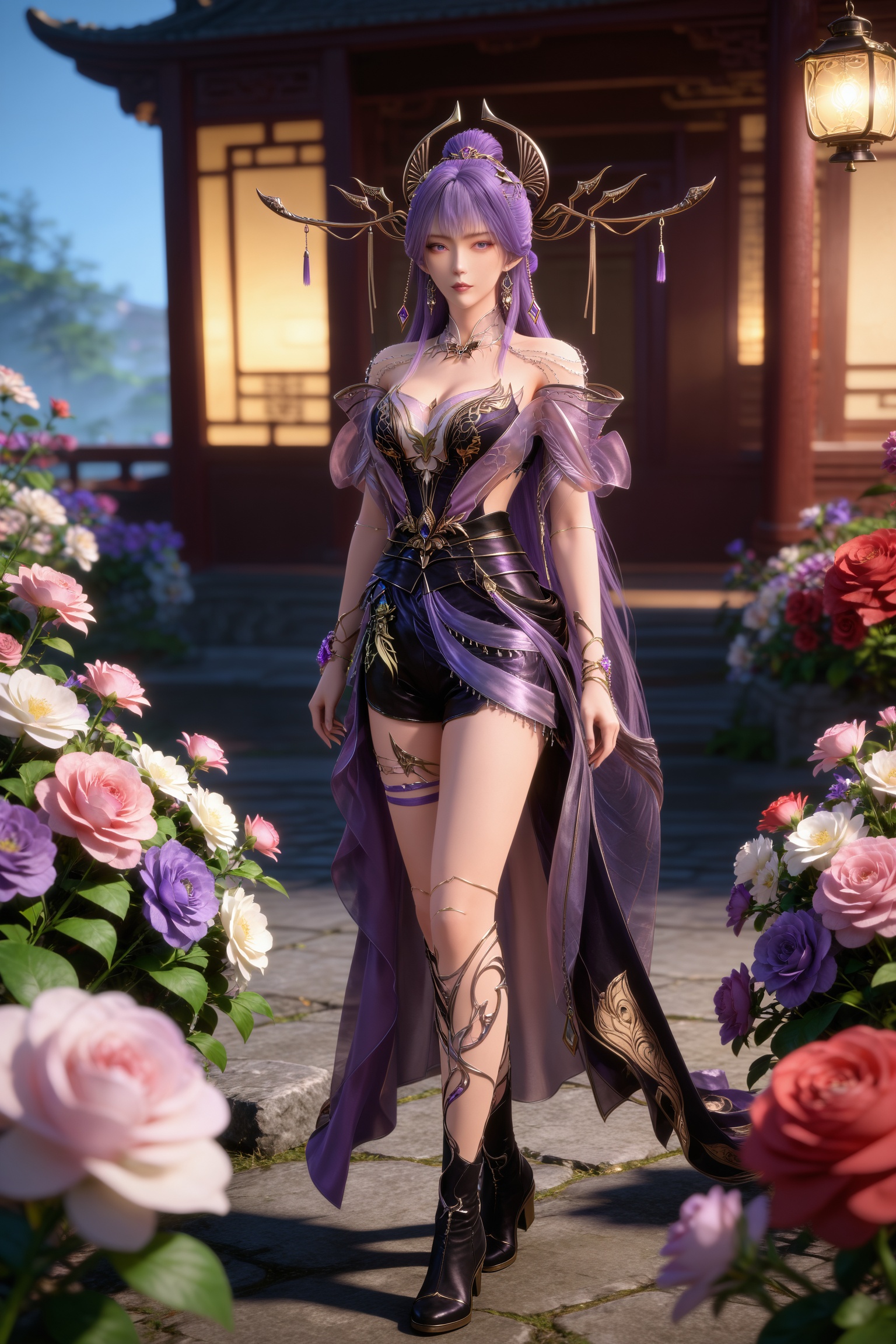 <lora:百炼成神3-天穹pony:0.8>,1girl,long hair,hair ornament,purple hair,earrings,purple eyes,hair rings,hair ornament,necklace,bare shoulders,purple dress,black dress,long legs,flower, solo,  full body,  black footwear, breasts, rose, standing, outdoors, looking at viewer, purple flower, cleavage, white flower, blurry,  lantern,  shorts,