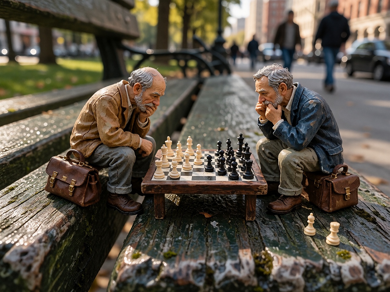 Ground-level extreme macro photograph of two tiny hand-painted elderly miniature men playing chess on a miniature board pl...