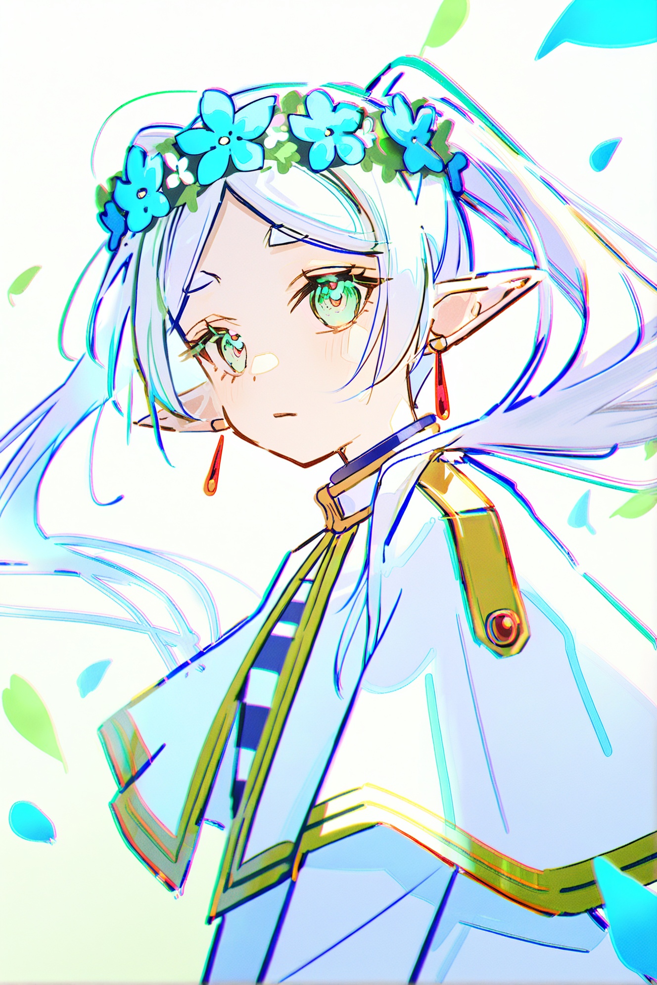 1girl,frieren,pointy ears,elf,solo,green eyes,jewelry,earrings,capelet,long hair,looking at viewer,twintails,white capelet,striped shirt,head wreath,petals,parted bangs,white background,blue flower,flower,striped clothes,long sleeves,white hair,shirt,simple background,blush,