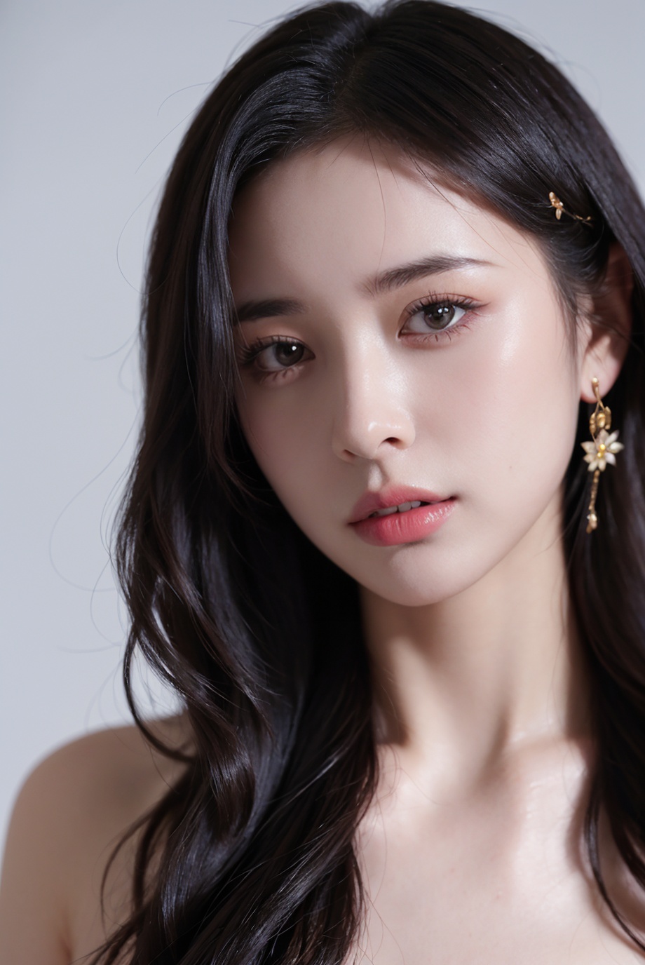 1girl, solo,(front view:1.2),(looking_at_viewer:1.4),(eye-contact:1.4),,black hair, long hair, jewelry, realistic, earrings, hair ornament, black eyes, lips, collarbone, parted lips, flower, watermark, upper body, portrait, hair flower, dress, web address,  <lora:YG红颜阁美女11:0.85>,