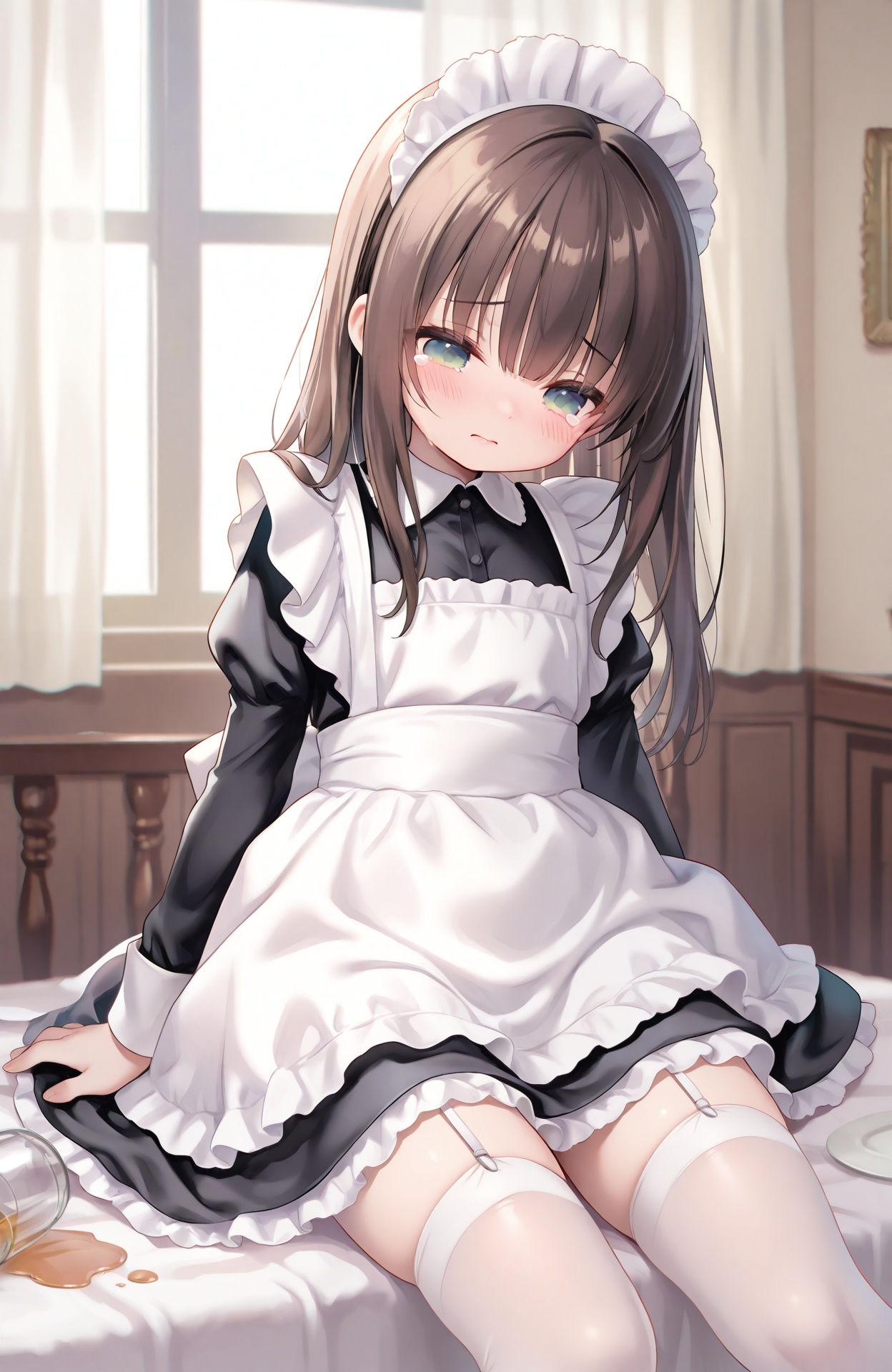 masterpiece,absurdres,best quality,petite,high quality,chromatic_aberration,loli,//,1girl,solo,thighhighs,maid,maid headdress,green eyes,white thighhighs,brown hair,long hair,apron,tears,long sleeves,indoors,sitting,bangs,dress,black dress,feet out of frame,white apron,garter straps,spill,curtains,blush,maid apron,
