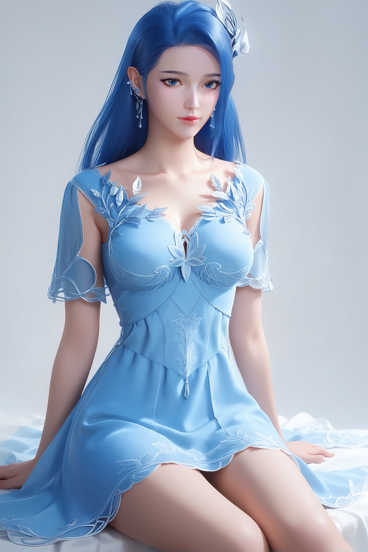 score_9,score_8_up,score_7_up,<lora:wy_ayin_XL7.0:0.8>,1girl,long hair,breast,medium breast,earrings,hair_ornament,dress,blue hair,blue eyes,blue_dress,thick_thighs,sitting,simple background,white_background,