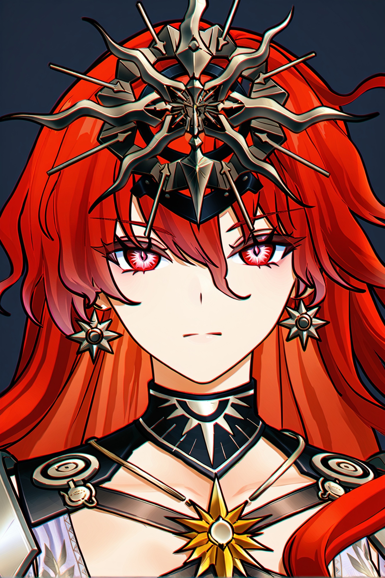 ovc,meiheyeragu,augusta\(Wuthering Waves\),solo,long hair,red eyes,red hair,1girl,looking at viewer,upper body,closed mouth,simple background,