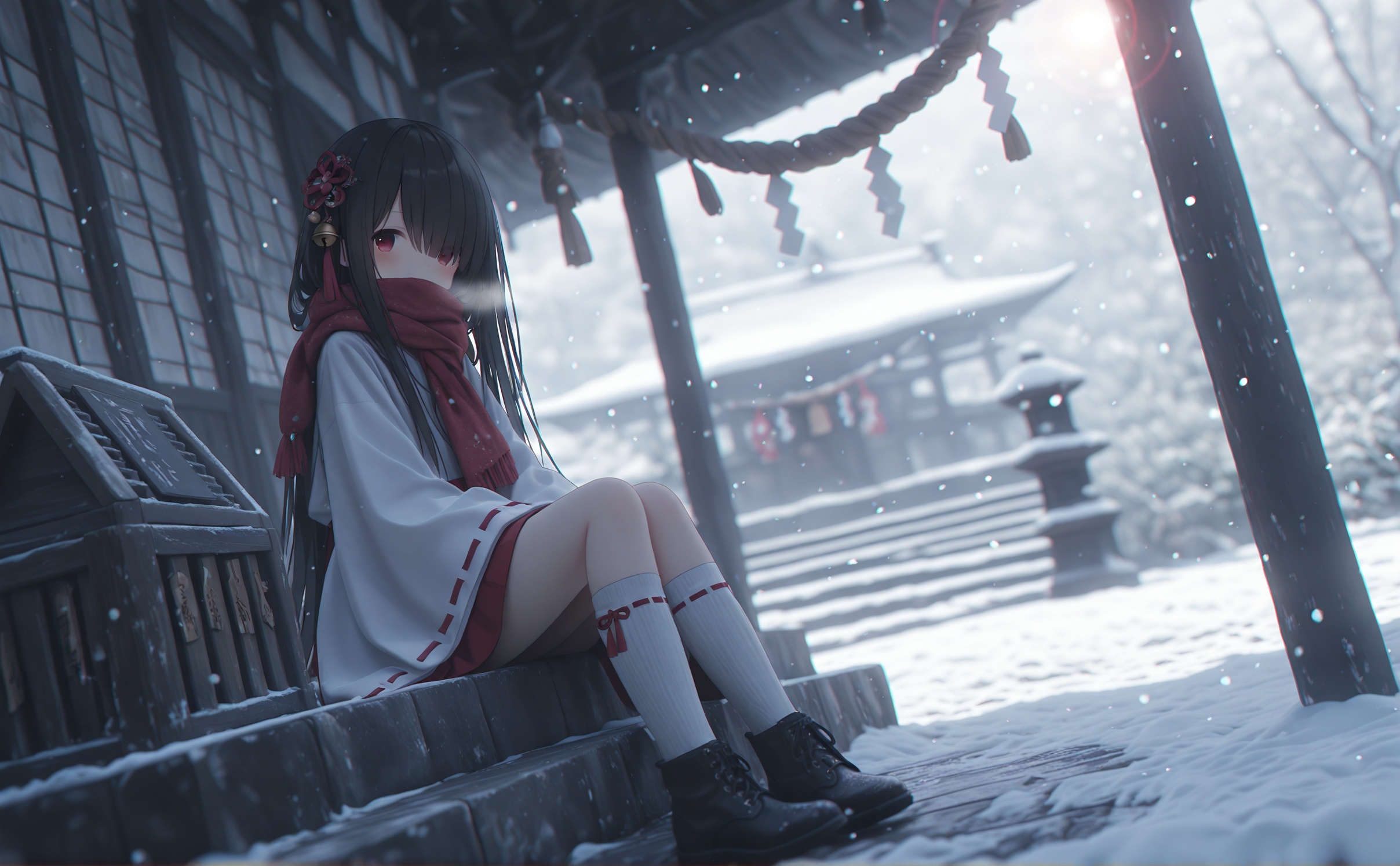masterpiece,absurdres,best quality,loli,petite,high quality,chromatic_aberration,cinematic_angle,dutch angle, // 1girl, bell, solo, sitting, red eyes, black hair, long hair, hair over one eye, ema, scarf, red scarf, shrine, stairs, jingle bell, box, sitting on stairs, snow, miko, snowing, barcode, boots, donation box, long sleeves, tassel, winter, socks, wide sleeves, scarf over mouth, shide, japanese clothes, covered mouth, pom pom (clothes), rope, looking at viewer, black footwear, outdoors, very long hair, new year, blurry, kneehighs, sunlight, shimenawa, hair ornament, ribbon-trimmed sleeves<lora:Fumyun-000030:0.8>