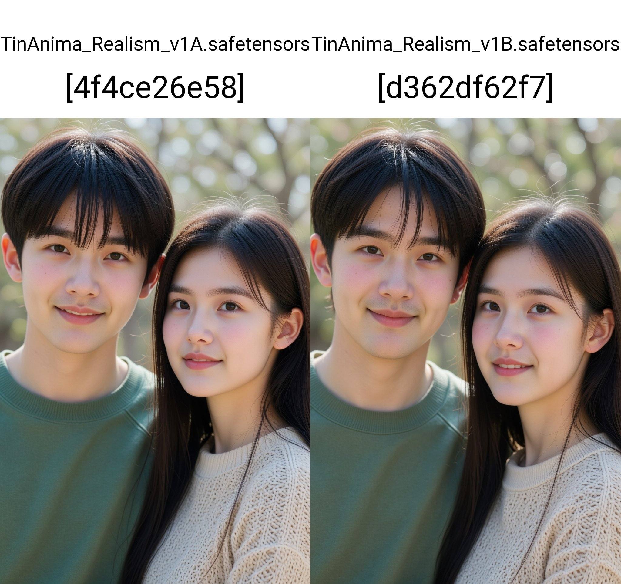 This photograph features a close-up of an Asian couple standing outdoors in bright sunlight. The young man,  on the left,...