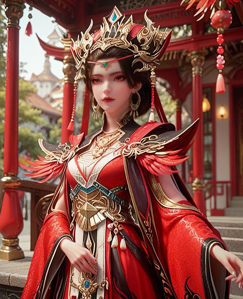 (oriental architecture, elegant decor, sophisticated style:1.1),Seated on a swing, looking playful,,(breasts:1.2),<lora:XL完美世界火离城大祭司>,priestess,solo,red dress,black shawl collar,feathers trim,pink eyes,black hair,hair ornament,earrings,jewelry,eyelashes,sash,hollow out long sleeves,white bra,lips,black pelvic curtain,black petticoat,, zPDXL2, score_9, score_8_up, score_7_up BREAK realistic, masterpiece,best quality, highly detailed,, zPDXL3, zPDXL2,zPDXL, zPDXLxxx, zPDXLrl,