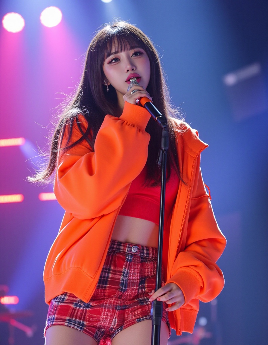 Charming and fashion-forward South Korean young woman performing on stage; wearing vibrant street style outfit(e.g., bright oversized hoodie or slim-fit denim jacket with unique patterns) paired with trendy underlayer,perhaps with a subtle crop top hint; she is singing into a sleek wireless ear microphone (earpiece clearly visiblebut integrated look), lips slightly parted in song, eyes sparkling and showing a playful, mischievous smile thathints at her personality; dynamic pose on the stage floor or small platform, surrounded by spotlights creatingdramatic highlights and shadows; background focuses on an abstract stage design with glowing elements or vibrantcolorful lights; overall aesthetic is modern K-Pop idol style meets street fashion, conveying confidence, energy,and a fun vibe through detailed illustration.