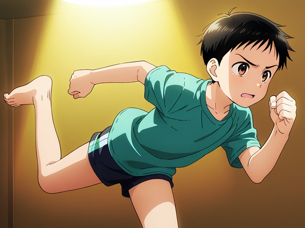 <lora:Gawain_XL:1>,male focus,shirt,1boy,petite,very short hair,black hair,brown eyes,exhausted,running,legs,feet_up,perfect hands,(5fingers:1.3),correct anatomy,huge filesize,available light,background light,Volumetric Lighting,from_side,close-up,full_shot,