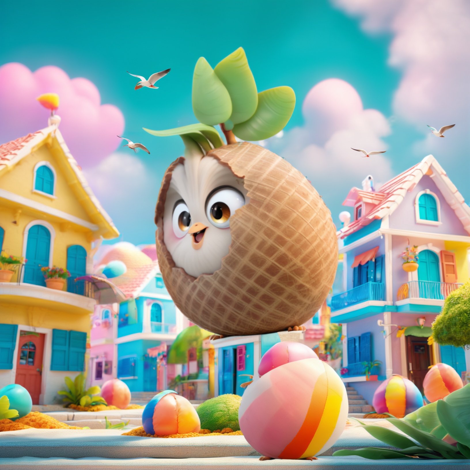 Coconut chicken,The image showcases a vibrant and whimsical scene set in a town with colorful houses. Dominating the foreground is a large, anthropomorphic coconut with a surprised expression, wearing a waffle cone hat. The coconut has large, expressive eyes and a green leaf sprouting from its top. In the background, there are various pastel-colored houses with balconies, windows, and doors. The town appears to be by a body of water, with a few colorful beach balls floating nearby. The sky is clear with a few birds flying around, and the overall ambiance of the image is cheerful and playful.<lora:YZJ 3.0-000004:1>
