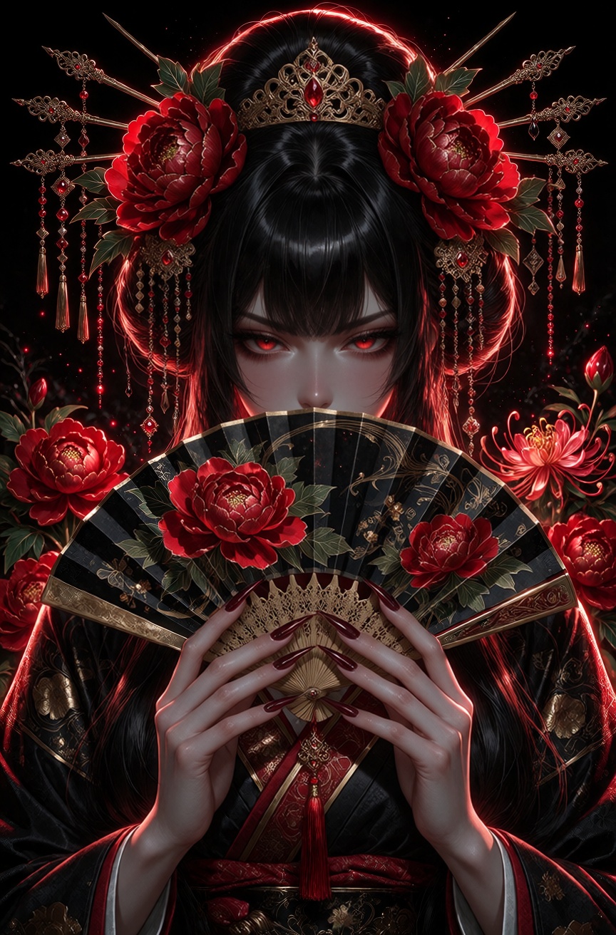 Ultra-detailed dark oriental fantasy anime illustration with razor-sharp lineart,  glossy rendering and glowing neon-red e...
