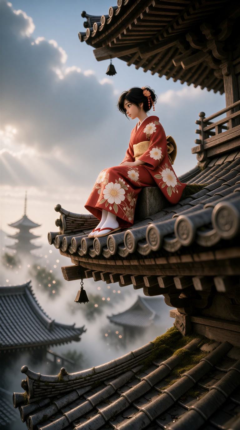Photo 7py_n3s4,  in elegant red and white silk kimono with gold obi,  hakama pants underneath on Tensor.Art