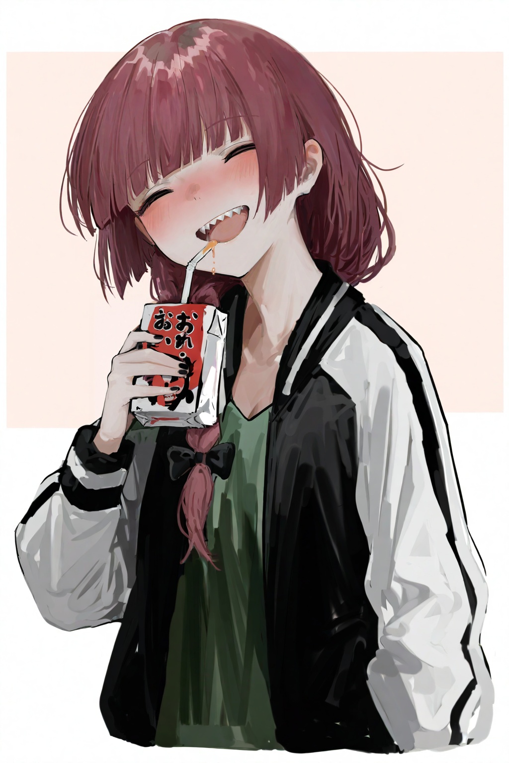 highres,absurdres,Visual impact,masterpiece,amazing quality,best quality,very aesthetic,very awa,newest,<lora:pikuson-Style-000060>,1girl,hiroi kikuri,solo,teeth,sharp teeth,closed eyes,jacket,braid,white background,blush,simple background,smile,long hair,green dress,open clothes,open mouth,black jacket,open jacket,bow,single braid,hair bow,blunt bangs,holding,upper body,black bow,hair over shoulder,multicolored jacket,long sleeves,two-tone jacket,dress,multicolored clothes,juice box,cropped torso,facing viewer,upper teeth only,purple hair,