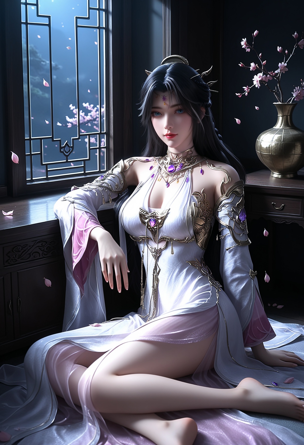 masterpiece,best quality,amazing quality,very aesthetic,high resolution,ultra-detailed,absurdres,scenery,photorealistic,(looking at viewer:1.1),(Dark room:1.3),(moody lighting:1.1),peach blossom,falling petals,(large breasts:0.8),monvzhenshen,1girl,solo,black hair,long hair,jewelry,dress,white dress,hair ornament,blue eyes,detached sleeves,bare shoulders,gem,realistic,necklace,braid,barefoot,sitting BREAK photorealistic details,<lora:QQSillmonvzhenshenV1:0.8>,