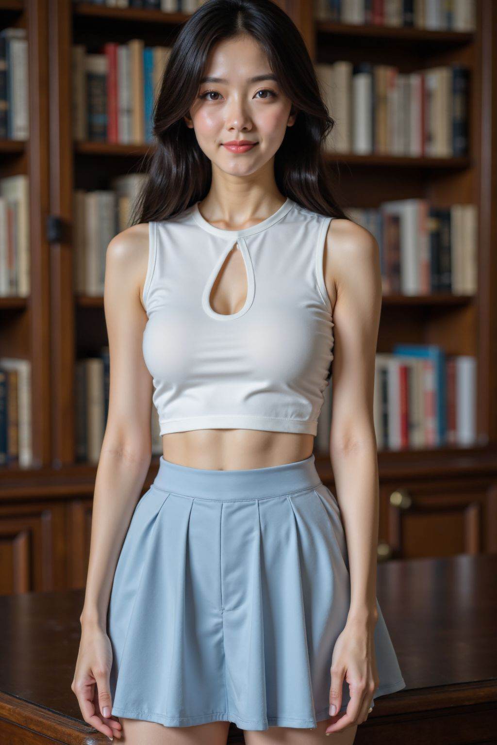 A photograph of a young woman with fair skin and long, dark hair. She is wearing a white crop top with a keyhole cutout and light blue mini pleated skirt. Her physique is slender with a small bust. She stands in front of a wooden bookshelf filled with books, and a dark wooden table is partially visible behind her. The setting appears to be a library or study room.