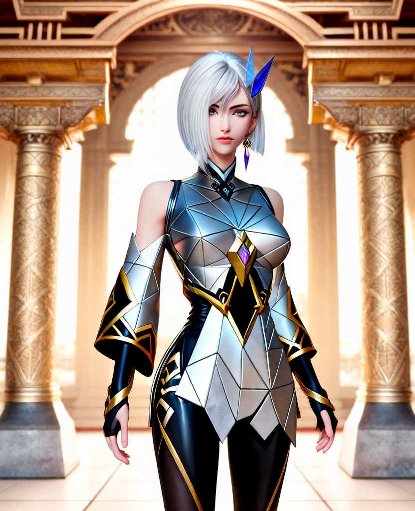 (oriental architecture, elegant decor, sophisticated style:1.1),(painting:1.1),(large breasts:1.2),<lora:ILCG王者荣耀东方镜:0.95>,1girl,form-fitting geometric chrome armor,blue eyes,white hair,short hair,hair ornament,earrings,black leather tights,bare shoulders,black fingerless gloves,detached sleeves,, score_9,score_8_up,score_7_up,score_6_up,score_5_up,score_4_up,3d rendering,tag1,tag2, Cinematic Lighting,backlighting,, zPDXL3, zPDXL2,zPDXL, zPDXLxxx, zPDXLrl,