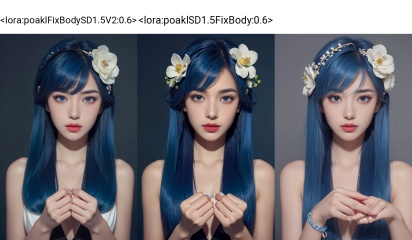1girl,solo,hair ornament,flower,hair flower,perfect hands,makeup,blue hair,eyelashes,show her hands,((poakl)),<lora:poaklFixBodySD1.5V2:0.6>,