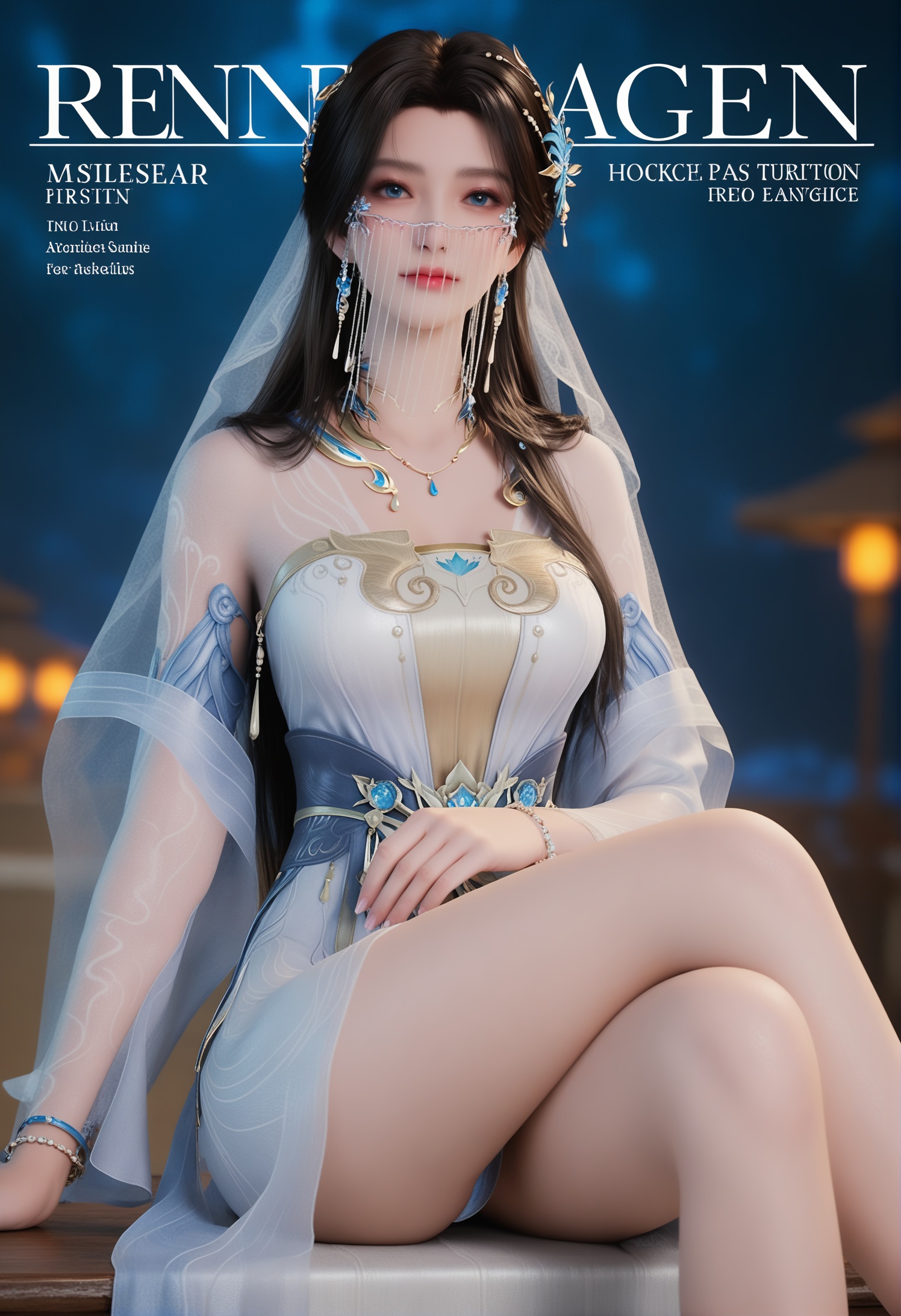 score_9,score_8_up,score_7_up,1girl,solo,sitting,(crossed_legs:1.3),(long_legs:1.1),1girl,solo,realistic,(veil:1.2),dress,white dress,blue dress,long dress,(overly long sleeves:1.2),(transparent ribbon:1.2),chinese clothes,shawl,see-through sleeves,see-through,detached sleeves,long sleeves,clothing cutout,realistic,jewelry,hair ornament,necklace,earrings,bracelet,1girl,solo,realistic,(mature face:1.2),big eye,(pale skin:1.1),slender face,(long hair:1.2),black hair,brown hair,blue eyes,(shiny_skin:1.1),closed mouth,realistic,gradient,(grey_background:1.3),(gradient_background:1.1),(magazine cover theme:0.75),transparent_background,simple background,depth of field,depth_of_field,night,realistic,solid background,simple background,(magazine cover theme:0.85),<lora:小巳-安妙依pony:0.85>,