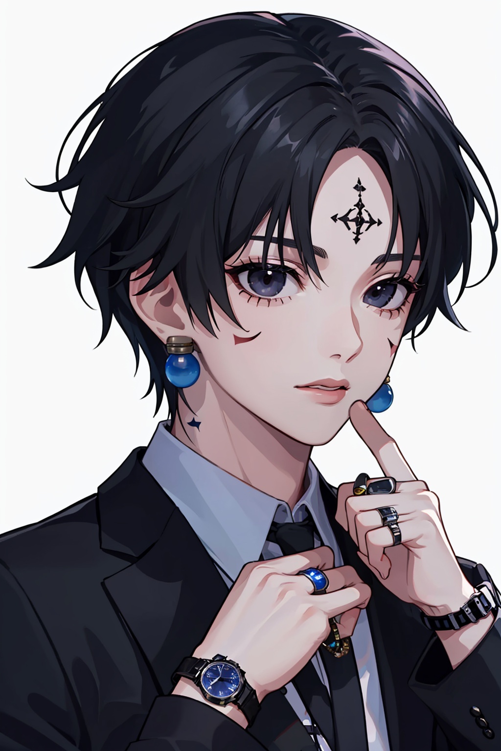 masterpiece,best quality, highly detailed, chrollo lucilfer,1boy, male focus, solo, wristwatch, earrings, black shirt, ring, neck tattoo, black jacket, closed mouth, simple background, white background, upper body, lips, hand up, facial mark, facial tattoo, long sleeves,<lora:chrollo_lucilfer:1>