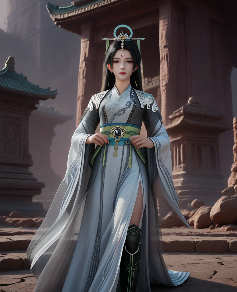 (oriental architecture, elegant decor, sophisticated style:1.1),(playing the guitar:1.1),(breasts:1.2),<lora:XL16遮天陆灵:0.95>,miss luling,white dress,see-through wrap coat,forehead mark,black hair,long hair,hair ornament,sash,weapon,black boots,, score_9,score_8_up,score_7_up,score_6_up,score_5_up,score_4_up,3d rendering,tag1,tag2, Cinematic Lighting,backlighting,