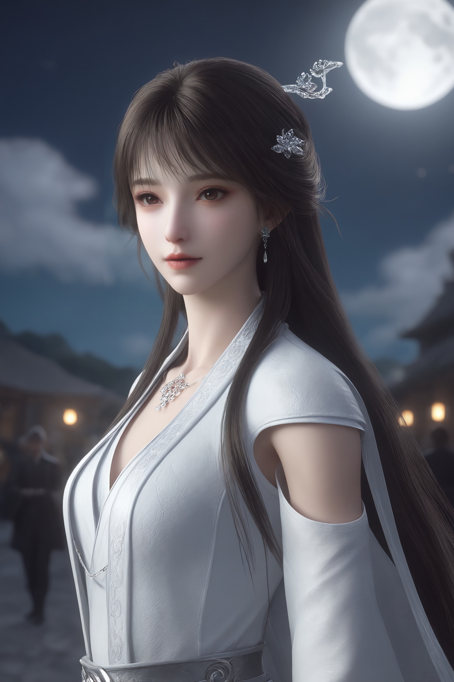 1girl,solo,shiny,shiny_hair,upper_body,fair_skin,white_skin,shiny_skin,shiny,Ivory_skin,looking at viewer,cinematic lighting,volumetric lighting,solo focus,blurry background,depth of field,night,sky,night sky,full moon,moonlight,<lora:新神墓-雨馨IL:0.7>,1girl,long,straight black hair,silver hairpin,flowing,ethereal white robe with intricate,silver embroidery,V-neck,silver belt,long sleeves,high,white boots,