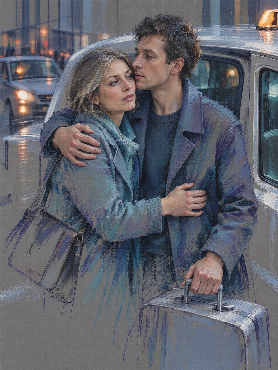 A young couple embracing beside the open door of a taxi. The woman presses her cheek against the man's shoulder while he h...