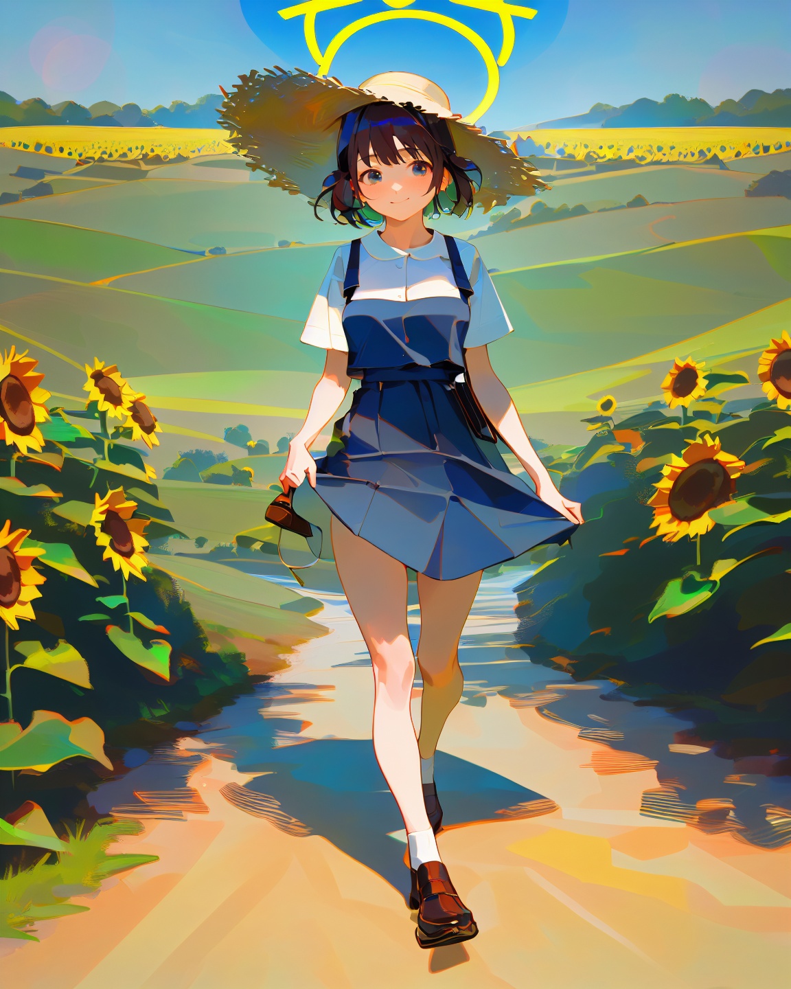 1 girl +looking at viewer+ short black hair ++ Masterpiece + solo + cute + sunflower field + straw hat + gardener uniform + full body image + standing + smile + lens halo + dusk,, masterpiece, best quality, masterpiece, best quality