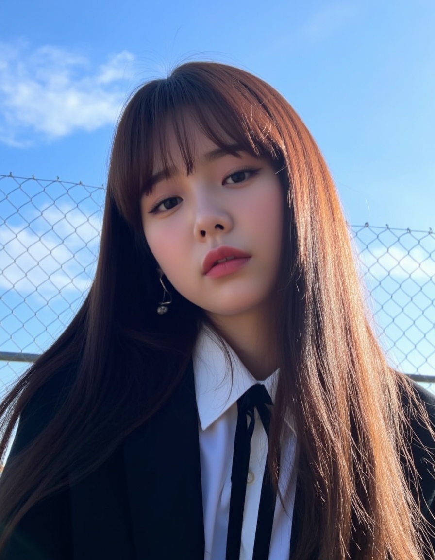 A photograph of an East Asian woman with long, straight, dark brown hair and bangs, wearing a black school uniform jacket and a white shirt, with a black tie. She has a serious expression and is looking downward. Her lips are slightly pursed. The background features a clear blue sky with wispy clouds and a chain-link fence. The lighting is bright, indicating it is taken during the day. The image has a casual, candid feel.