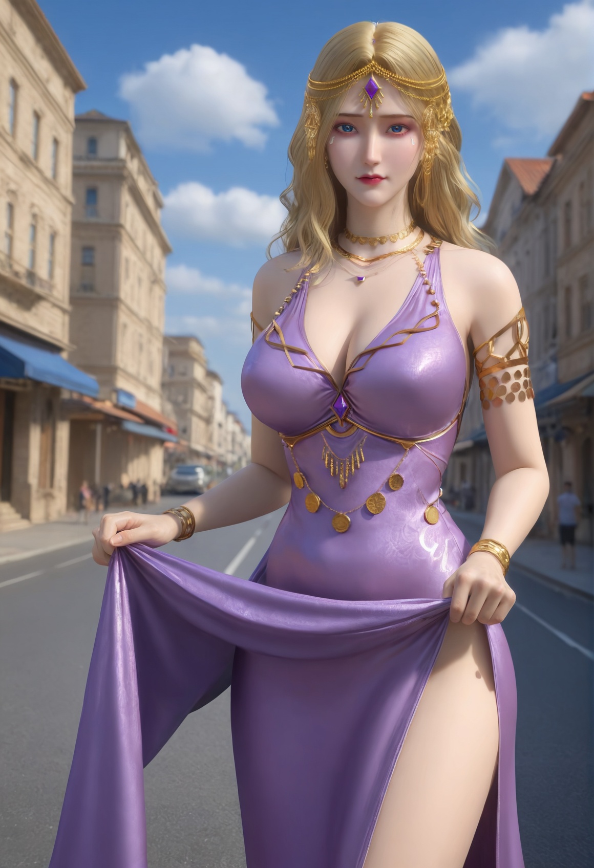 (score_9),<lora:卡丹1-Apony:0.85>,kardan,(mature_female),solo,blonde hair,long hair,hair ornament,jewelry,necklace,forehead jewel,head chain,gem,armlet,bracelet,purple dress,<lora:perfect eyes_v1:1>,blue eyes,looking at viewer,front view,light blush,bright pupils,<lora:Expressive_H-000001:0.8>,(dress_lift:1.1),clothes_lift,(lifted_by_self:1.1),skirt_flip,collarbone,pointy breasts,puffy breasts,large breasts,narrow waist,thighs,side slit dress,outdoors,street,blue sky,blur background,building,city,cloud,cloudy sky,day,depth of field,<lora:皮肤凹痕:1.2>,
