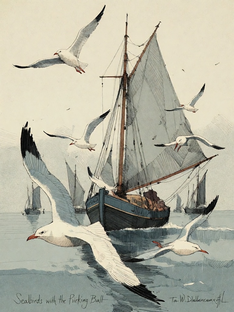 Bradhamel art style. A sepia-toned etching-style illustration of a large sailing vessel with a tall mast and billowing sai...