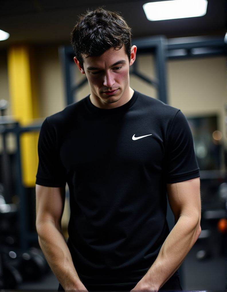 Callum Turner ,  A detailed low-angle image. in exceptional quality. He is in a gym with a predominance of black and a lit...