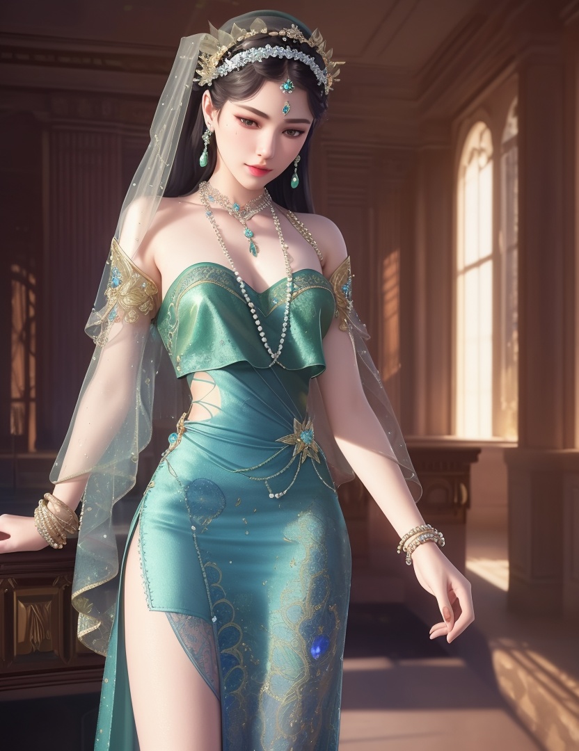ultra realistic 8k cg, picture-perfect face, flawless, clean, masterpiece, professional artwork, famous artwork, cinematic lighting, cinematic bloom, perfect face, beautiful face, fantasy, dreamlike, unreal, science fiction,  beautiful clothes, lace, lace trim, lace-trimmed legwear,  (rich:1.4), prestige, luxury, jewelry, diamond, gold, pearl, gem, sapphire, ruby, emerald, intricate detail, delicate pattern, charming, alluring, seductive, erotic, enchanting, hair ornament, necklace, earrings, bracelet, armlet,halo((,1girl, pov,))(((,  1girl,  solo,looking at viewer, ))),(((1girl, solo, dress, jewelry)))<lora:DA_WhiteSnakeGreenSnake:0.7>
