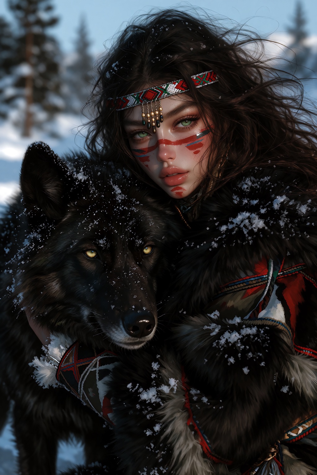 An eye-level medium close-up shot portrays a woman with long,  wind-blown dark brown hair and bright green eyes and red fa...