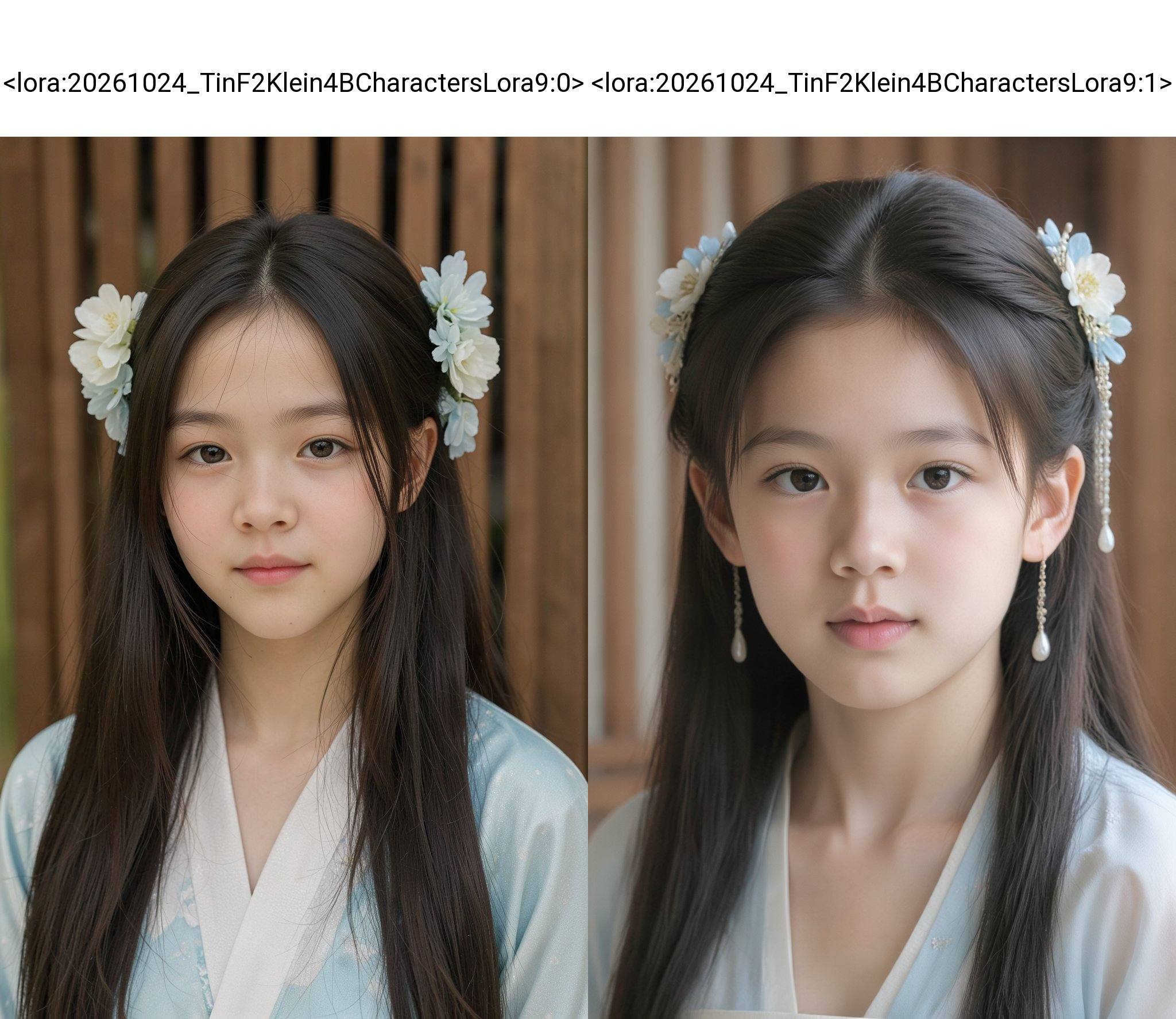 A close-up photograph of a young East Asian woman with fair skin and long,  straight black hair,  adorned with delicate wh...
