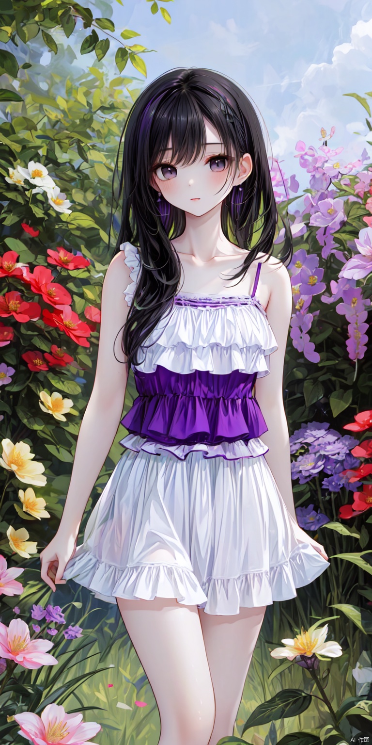 1girl, solo, long hair,Medium breasts, looking at viewer, skirt, shirt, black hair, bare shoulders, standing, black eyes, collarbone, earrings,miniskirt,bare arms, white skirt, frilled skirt, camisole, arms at sides, purple shirt,Purple Stripe camisole,A purple sea of flowers,Purple flowers.garden,Flowers all over the ground,Upper body<lora:EMS-297787-EMS:0.500000>, <lora:EMS-342081-EMS:0.800000>, <lora:EMS-93-EMS:0.800000>