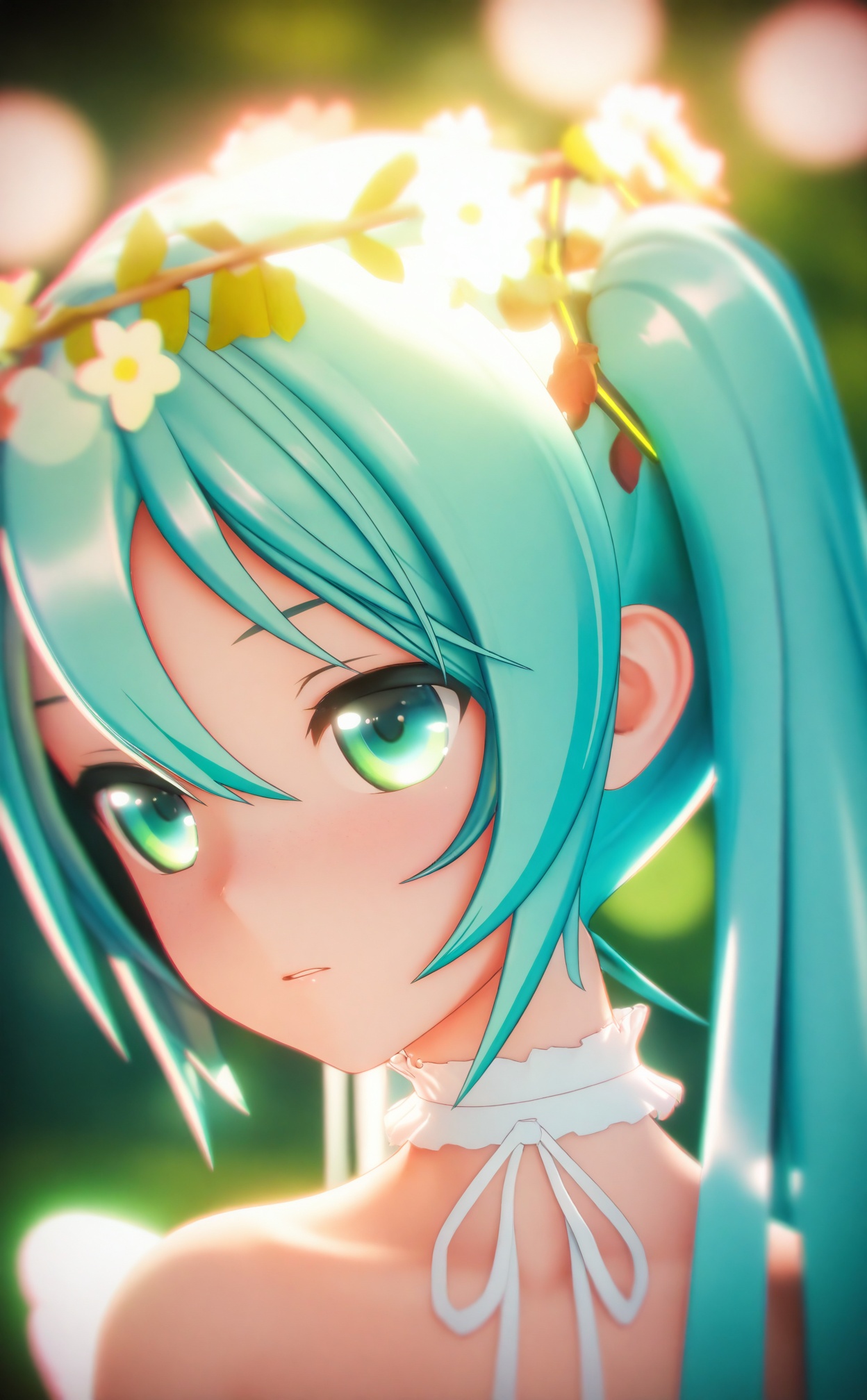 masterpiece,absurdres,best quality,loli,petite,high quality,chromatic_aberration,//,1girl,hatsune_miku,solo,twintails,blurry,bare_shoulders,long_hair,head_wreath,blurry_background,choker,wings,depth_of_field,aqua_hair,aqua_eyes,flower_wreath,frilled_choker,ribbon,portrait,looking_back,from_behind,green_eyes,backlighting,parted_lips,chromatic_aberration,ribbon_choker,angel_wings,looking_to_the_side,upper_body,neck_ribbon,close-up,hair_ornament,green_theme,looking_afar,flower,expressionless,white_choker,collarbone,bokeh,nape,sidelighting,eyelashes,eyes_visible_through_hair,light,glowing,white_ribbon,very_long_hair,aqua_theme,closed_mouth,white_wings,//,Depth of field,(colorful),hdr,Tyndall effect,depth of field,Tyndall Effect,blurry,blurry_background,depth_of_field,bokeh,glowing,//,<lora:MMDguangwuran6——【noob】hans:0.9>,