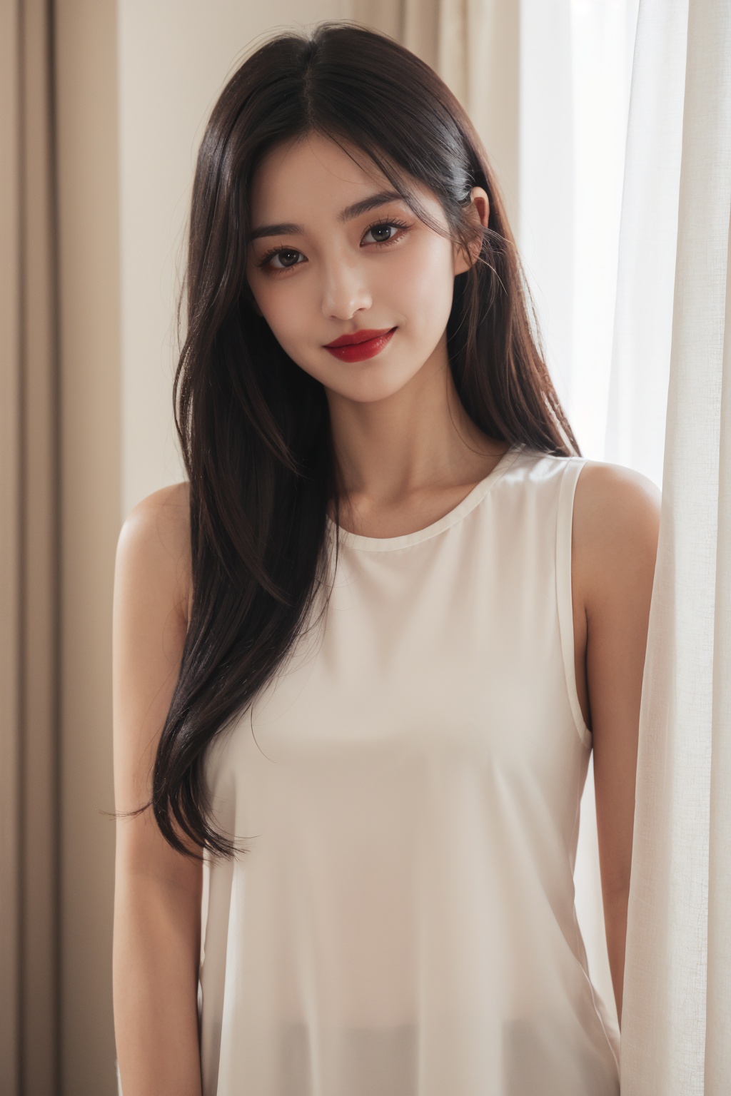 1girl, black hair, brown eyes, curtains, indoors, lips, lipstick, long hair, looking at viewer, makeup, sleeveless, smile, solo,