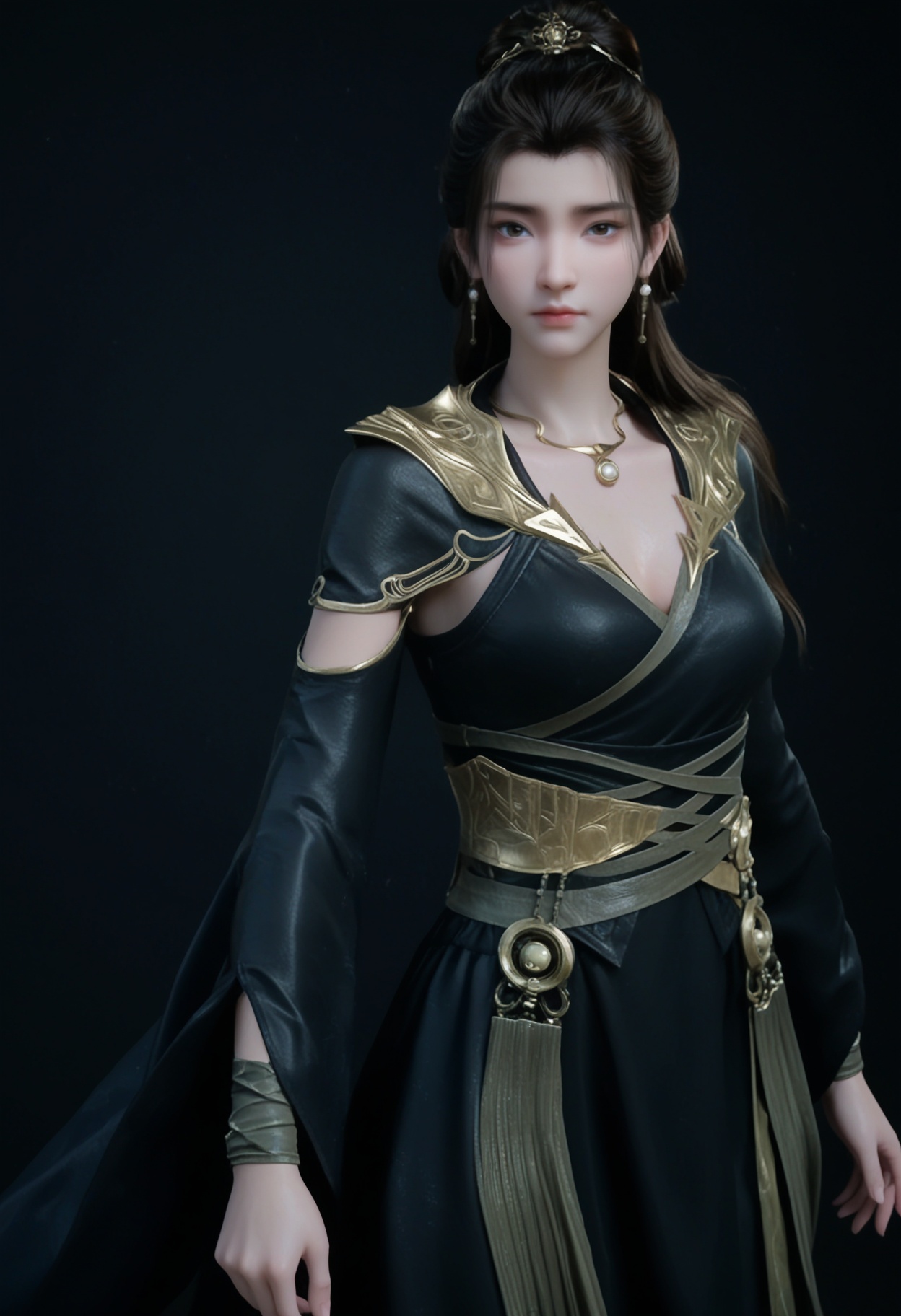 (cowboy shot:1.2),score_9,score_8_up,masterpiece,(best quality),intricate details,facing viewer,(looking at viewer:1.1),<lora:YQ_pony_yanruyan_V4:0.8>,q1528437228,1girl,solo,black hair,long hair,jewelry,earrings,necklace,black dress,dress,black eyes,long sleeves,hair bun,ponytail,wide sleeves,sash,single hair bun,hair ornament,detached sleeves,brown hair,pale skin,boots,black footwear,BREAKscore_9,score_8_up,masterpiece,(best quality),perfect anatomy,(hourglass),perfect face,(simple background,pure black background,black background:1.1),fair_skin,shiny_skin,Ivory_skin,