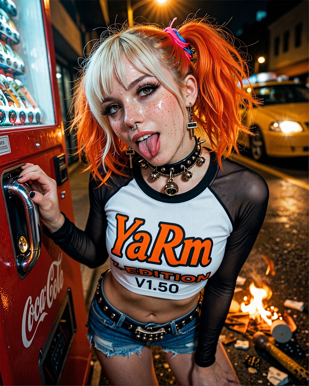 A hyper-detailed cinematic portrait shot at night featuring a young Caucasian woman with strikingly vibrant,  dual-toned h...