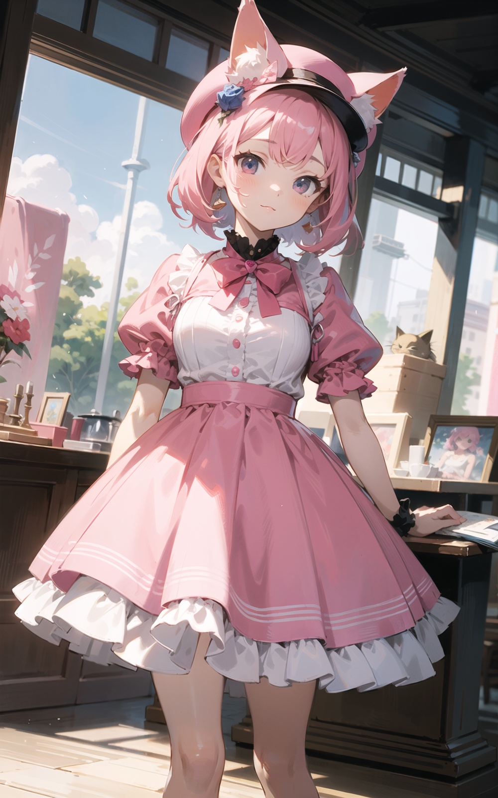 a anime girl with pink hair and a cat ears outfit and a pink tail and a pink dress and a pink hat, Aguri Uchida, official art, a detailed painting, sots art