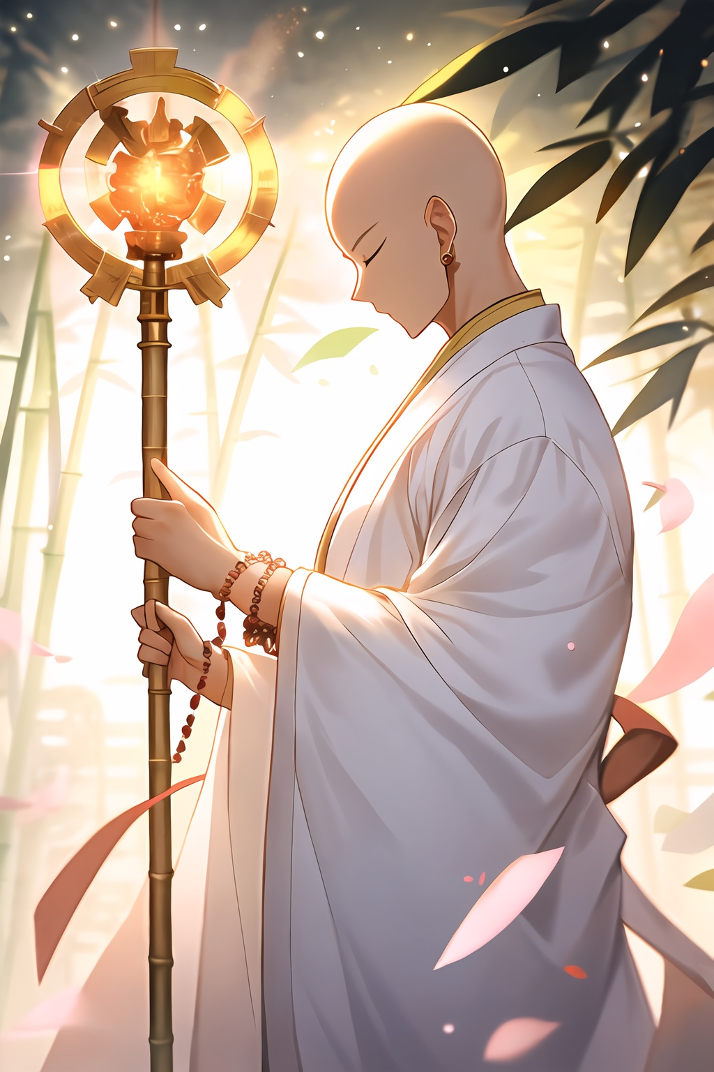 monk, solo, male focus, 1boy, closed eyes, bald, robe, wide sleeves, bracelet, standing, long sleeves, closed mouth, light particles, white robe, prayer beads, leaf, bamboo, outdoors, stud earrings, ribbon, from side, cowboy shot, sparkle, depth of field, put your hands on your chest, highlights on the top of the head, light particle, foreground blurring, chinese monk's white kasaya clothes, yellow belt, holding a golden scepter in his hand,  <lora:yiling_玉面小僧:0.8>