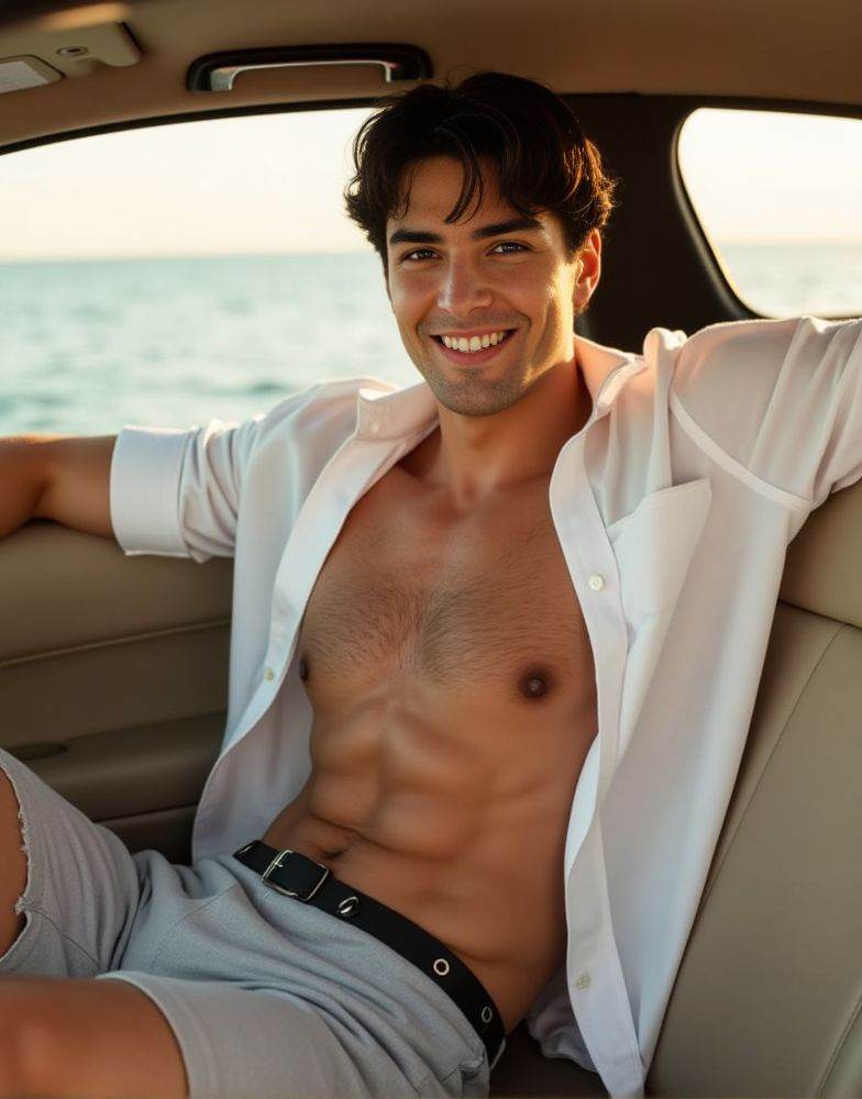 kirk bondad ,  male focus. shirtless smiling. editorial. empathetic eyes. sitting in the passenger seat of a car. natural...